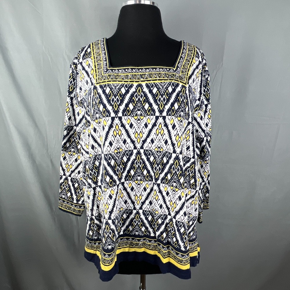 Alfred Dunner Blouse Top Women 3X Multicolor Geometric Print Stretch Square Neck